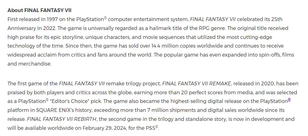 《最終幻想7：重制版》成為SE在索尼平臺數字銷量最高的遊戲