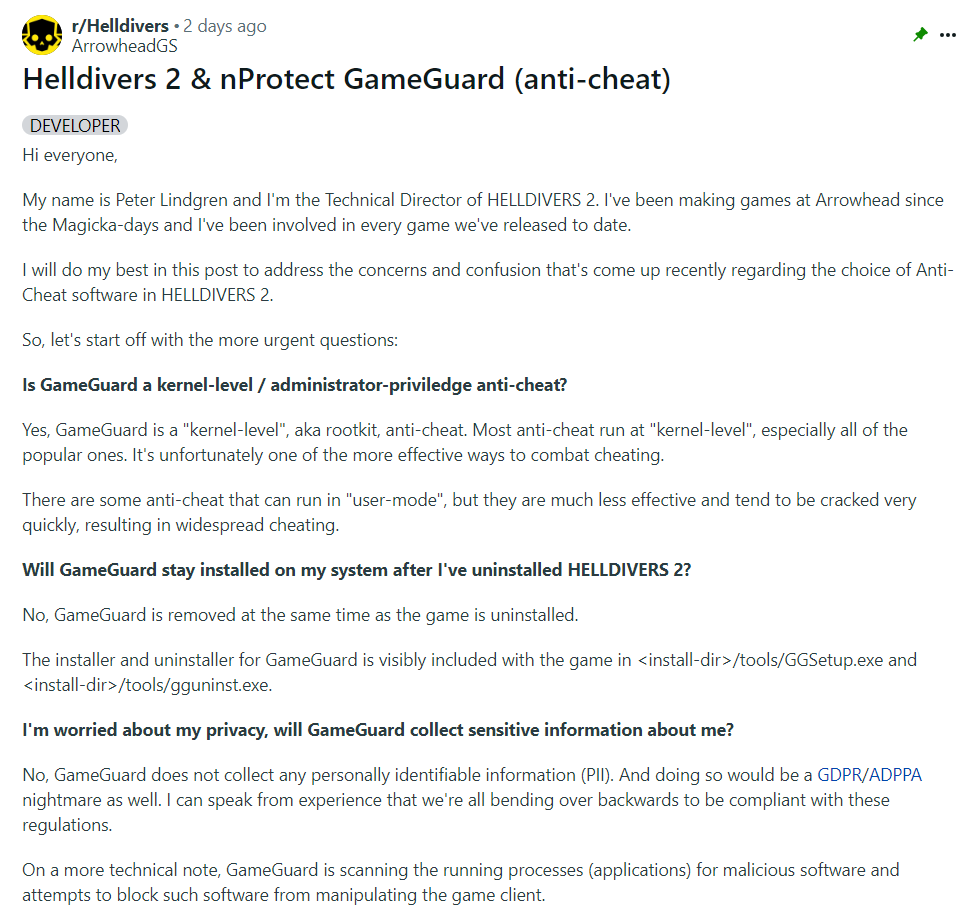 《地獄潛者2》技術總監分享GameGuard反作弊程序相關問答