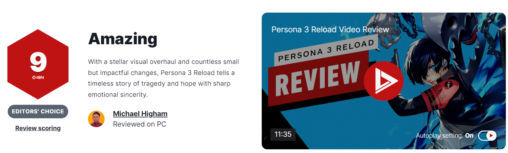 《女神異聞錄3：Reload》IGN 9分：值得重溫的經典之作