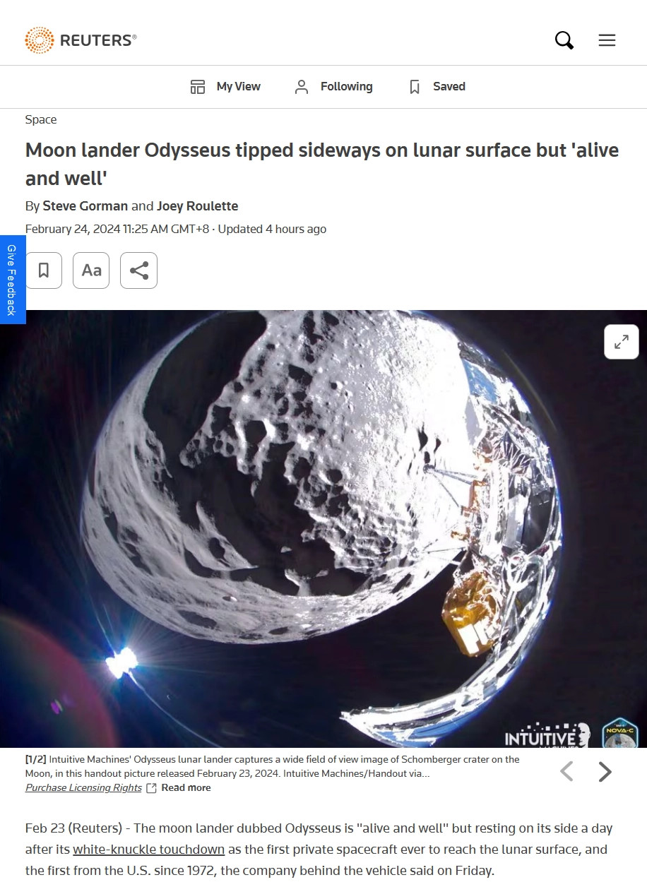美航天器“奧德修斯”在月球著陸時發生側翻 但目前運行正常