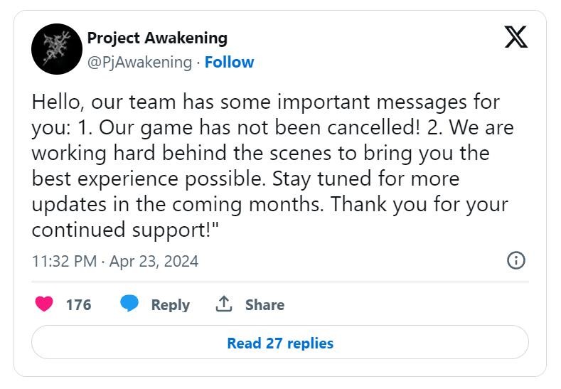開發者表示《覺醒計劃》並未取消 正在努力開發中